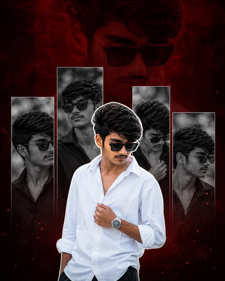 A stylish photo collage poster of a young South Asian man wearing black sunglasses and a crisp white shirt in the foreground, with a white outline edit. Background features a dark red smoky mood with four vertical black-and-white panels showing different portrait angles of the same person in a black shirt, dark cinematic lighting, highly detailed poster edit, 8k resolution."