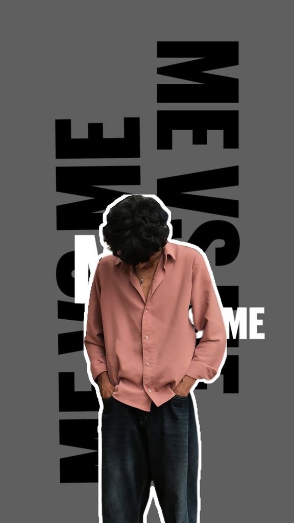 A moody streetwear portrait edit on a grey background. A young person with dark, curly hair and a dusty rose unbuttoned shirt (with a cross necklace) looks down, with hands in dark denim pockets. The figure has a distinct white sticker-style outline. Vertical text 'ME VS ME' in a bold, black serif font is placed behind and to the sides of the figure, with the central 'VS' also outlined in white."