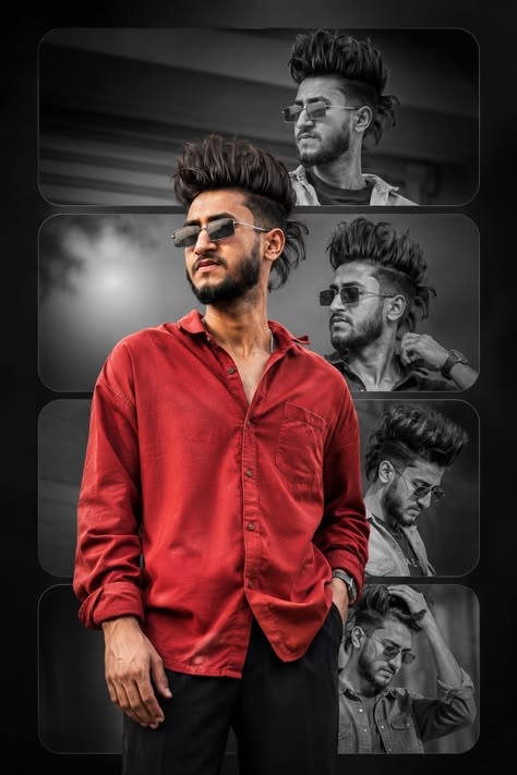 A stylish young South Asian man posing confidently, wearing a bright red unbuttoned shirt, black trousers, sunglasses, and a modern voluminous haircut with a beard. The main subject is in color, standing against a dark collage background featuring monochrome portrait angles of himself in different poses. Stylish portrait photography, selective color edit, high contrast, cinematic, ultra-realistic, 8k resolution.