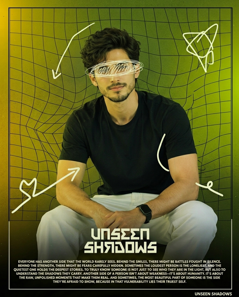 Editorial poster of a young man based on image_5.png. His eyes are covered with a white scribble. Background is a chartreuse-green gradient with a grid and white doodles/arrows. Bottom text features the title "UNSEEN SHADOWS" in a futuristic font and a full paragraph about vulnerability. Thin black border. JPG + 4