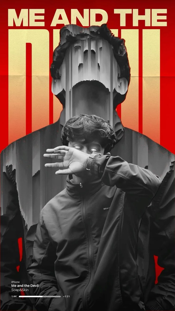 A striking collage-style vertical poster, black and white subject with glowing white eyes covering part of the face with a hand, wearing a dark jacket. Surreal glitch and paper-tear overlay effect. Bold red and beige background with massive bold typography text at the top. Cinematic, moody aesthetic.
