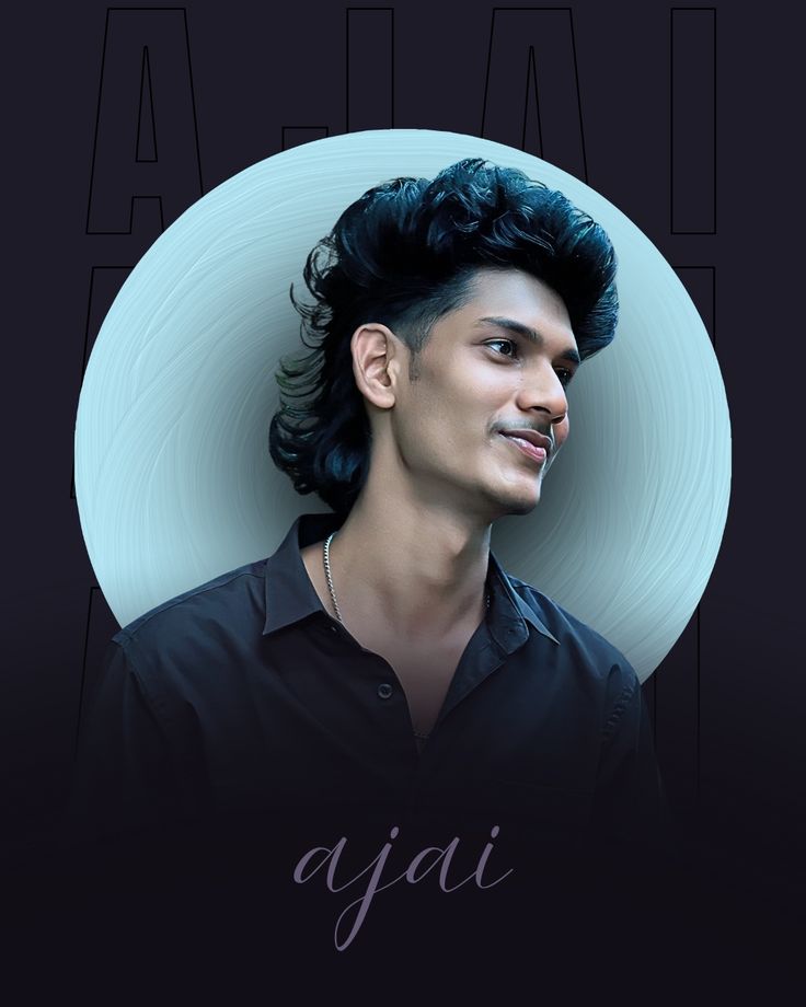 Prompt: A stylish portrait of a young South Asian man with voluminous black wavy hair and a black shirt, posing inside a glowing light-blue textured circle backdrop. Dark minimalist background, cinematic studio lighting, elegant typography style.