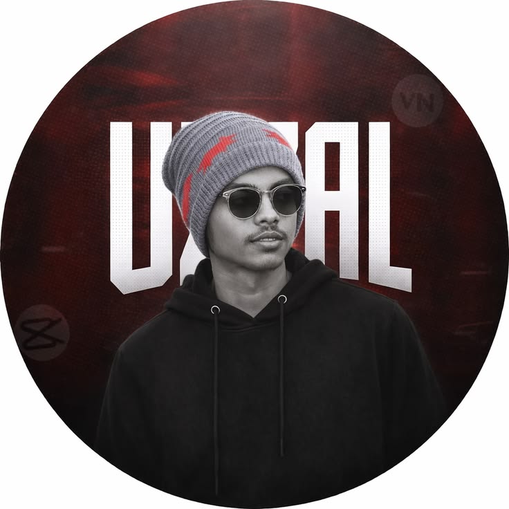 Prompt: A circular-framed graphic portrait of a young man wearing a grey beanie with red stripes and sunglasses, overlaid on a dark red and black background with large white stylized typography 'U' and 'AL'. Cinematic lighting, bold, urban style.
