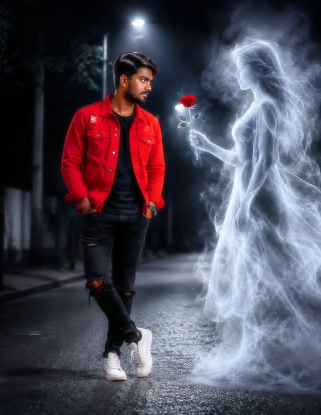 Cinematic night street portrait, a young man in a red jacket and black jeans standing on a dark wet road, looking at a glowing translucent spirit woman made of smoke and light who is holding a bright red rose, moody lighting, streetlights, 8k resolution, photorealistic