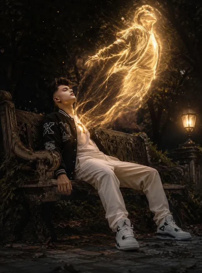 "A young man sitting on a park bench at night, with a luminous, golden, glowing spectral figure of himself rising from his chest. Dramatic lighting from the spirit and a distant street lamp. Moody atmosphere, high detail, photorealistic."