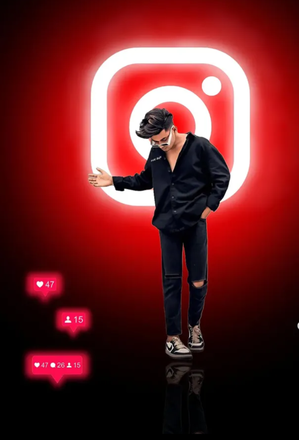A stylish young man with sunglasses in a black outfit, walking on a reflective surface, in front of a large, glowing white Instagram logo on a red background. Floating neon pink social media notification icons with specific heart and comment counts (like "47", "15", and summary block) on the side. Realistic 8k resolution.