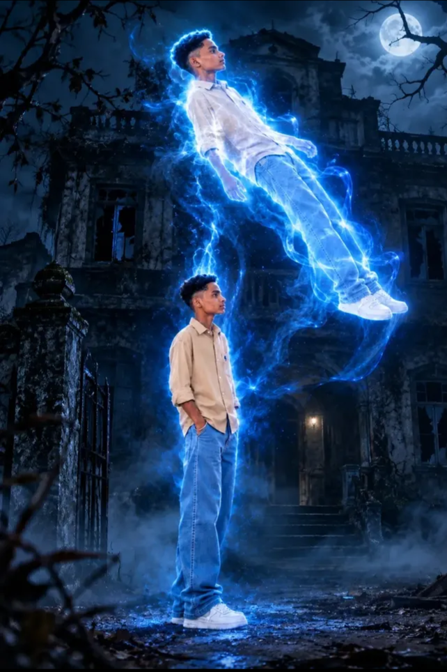 A full-body cinematic photo of a young South Asian man in a beige shirt and baggy blue jeans standing in front of a dark, dilapidated haunted mansion at night, with a full moon and eerie fog. Above him, a translucent, glowing blue energy-form of himself is levitating, connected by electric arcs. Moody lighting, 8k resolution.
