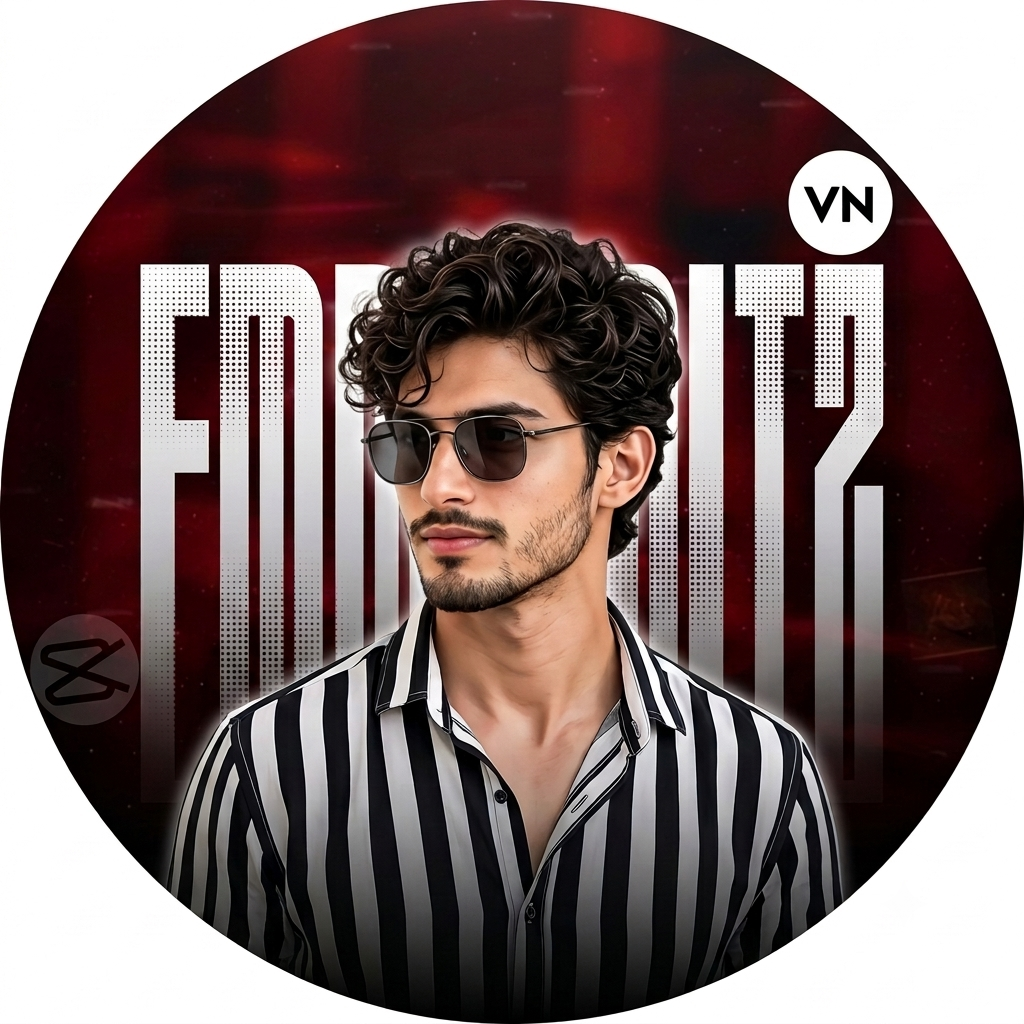 A high-quality circular YouTube logo featuring a young South Asian man with stylish hair, beard, sunglasses, wearing a black-and-white vertical striped shirt looking slightly sideways. In the background, bold stylized white vertical text reading 'EMMU EDITZ'. Deep red and dark atmospheric background with subtle radial glow. Top text says 'YOUTUBE : EMMU EDITZ'. Small overlay logos: 'VN' logo on top right, subtle infinity symbol on bottom left. Graphic design banner art style, sharp focus.