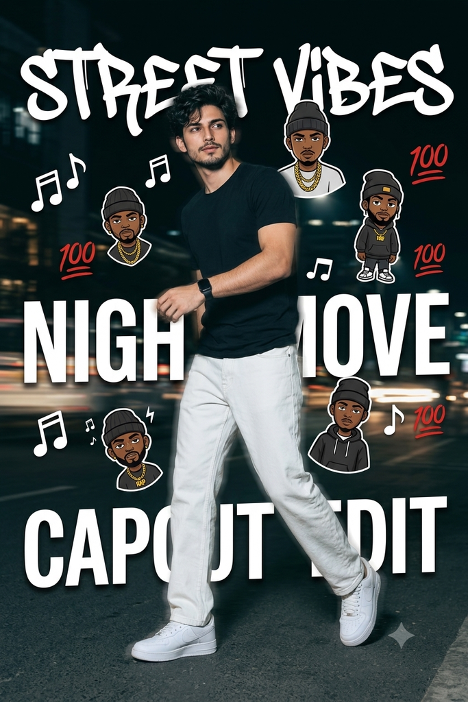 A young man standing outdoors at night in stylish streetwear, motion blur effect, dark aesthetic background with bold typography overlay and cartoon rap avatars, trendy CapCut edit style.